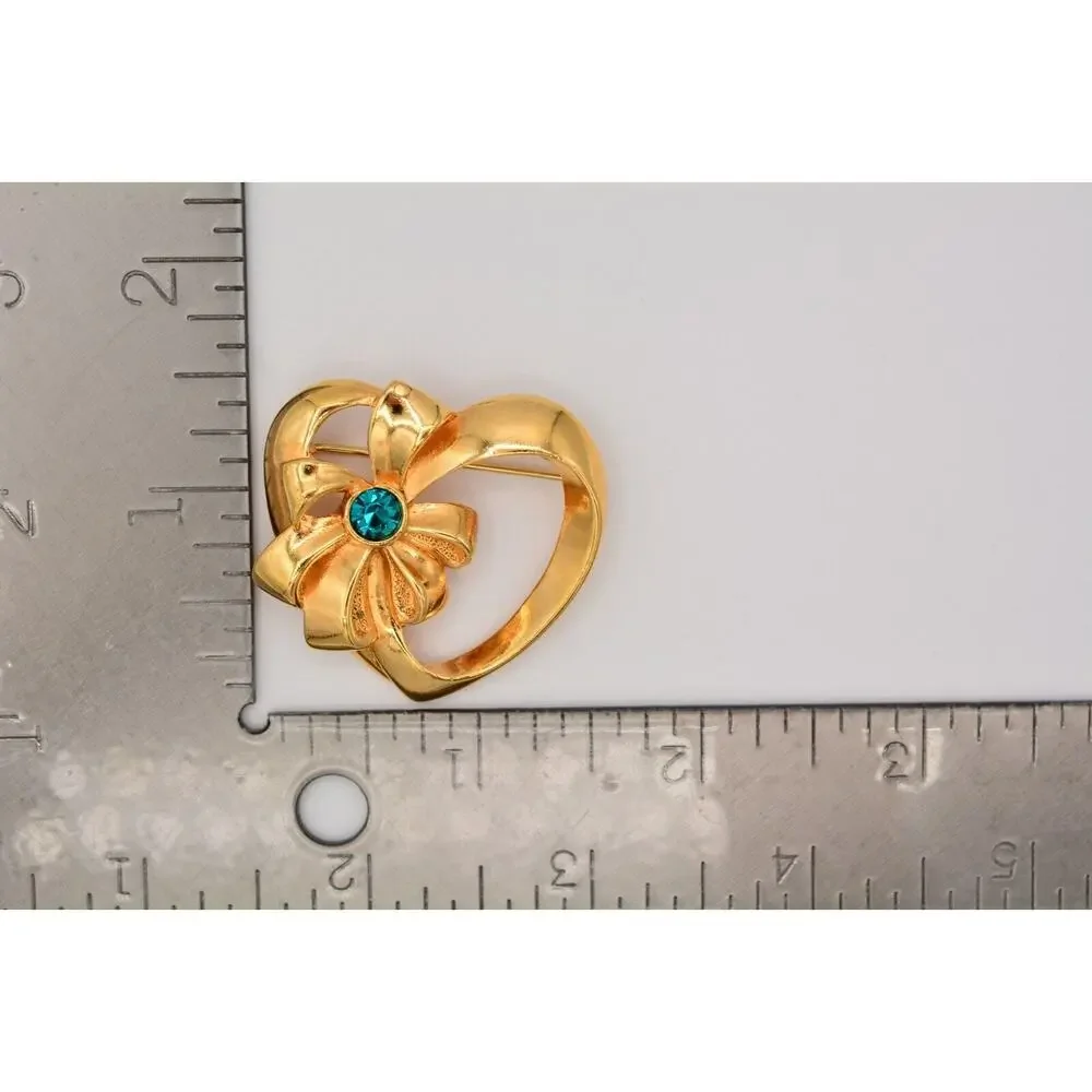 Avon Vintage Heart Pin Brooch Teal Rhinestone Crystal Bow Gold Signed 80s BinAT